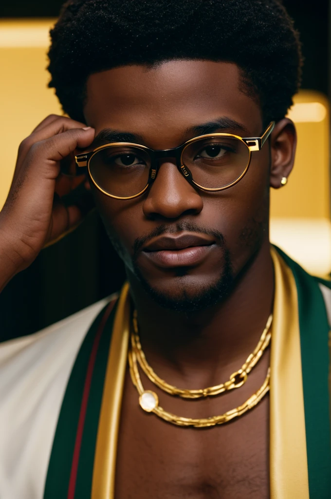young black men wearing gucci with gold diamonds glasses , 4:3, photo 12k resolution hash flash lighting, shot on ALEXA 65, Velvia 100 , underexposed, Voigtlnder Nokton 50mm f1.1, in the style of Martin Nikon Z 8 with Zoom Lens | with 24-120mm