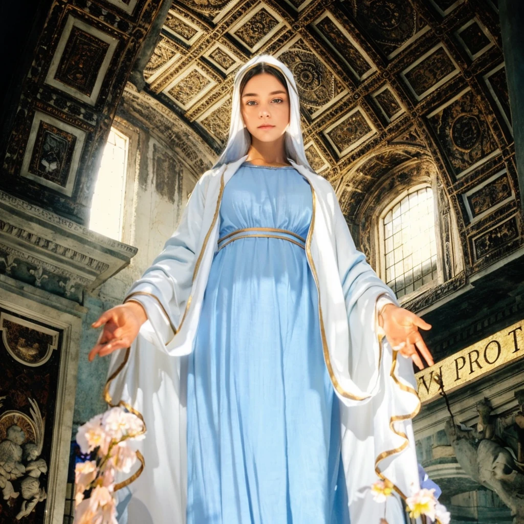 Beautiful woman with light blue eyes wearing blue tunic and white cloak, She has long black hair