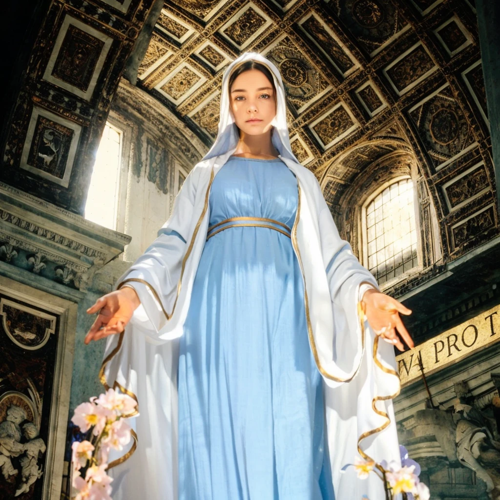 Beautiful woman with light blue eyes wearing blue tunic and white cloak, She has long black hair