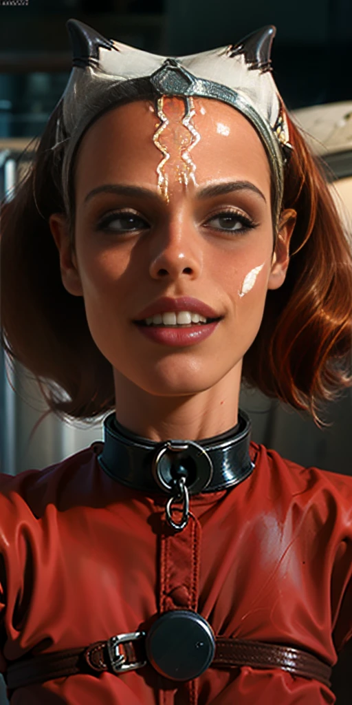 Latex ahsoka lustful smirking smile red blush red cheeks, chain leash, hands behind the head, kneeling, shackles, leather black collar slave, 2 high ponytails orgasm_face