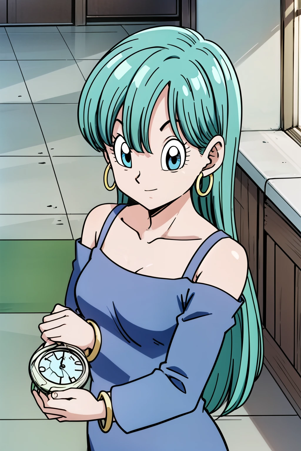 Buu Saga, Bloomers, One girl, alone, View your viewers, Semi-long hair, Brown eyes, From above at an angle, Holding, jewelry, Upper Body, Green Hair, No sleeve, indoor, bracelet, clock, hoop earrings, Light blue dress, wristclock