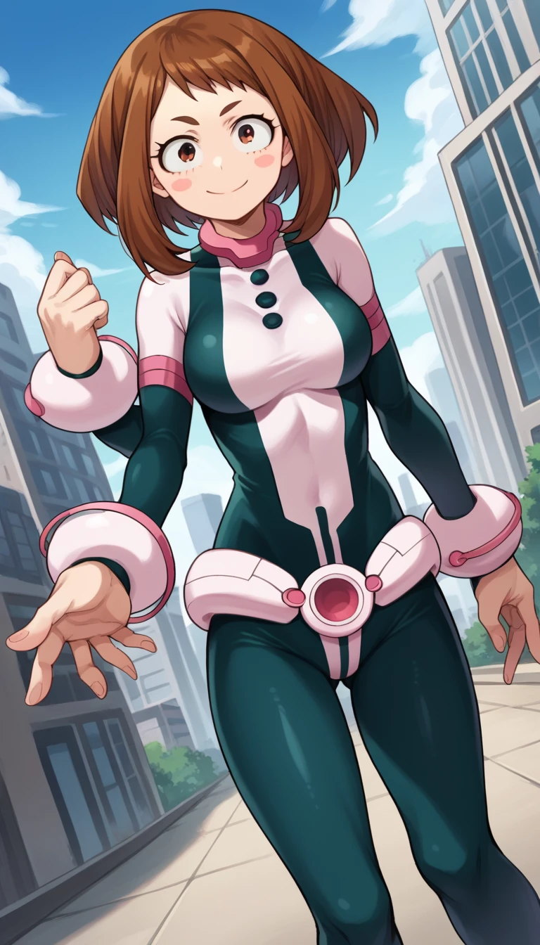 score_9, score_8_up, score_7_up, source_anime,
ochakouraraka, ochako uraraka, brown eyes, brown hair, short hair, blush, blush stickers, smile,
bodysuit, skin tight, superhero,
outdoors, cityscape,
looking at viewer, cowboy shot, dutch angle, full body, standing, idle