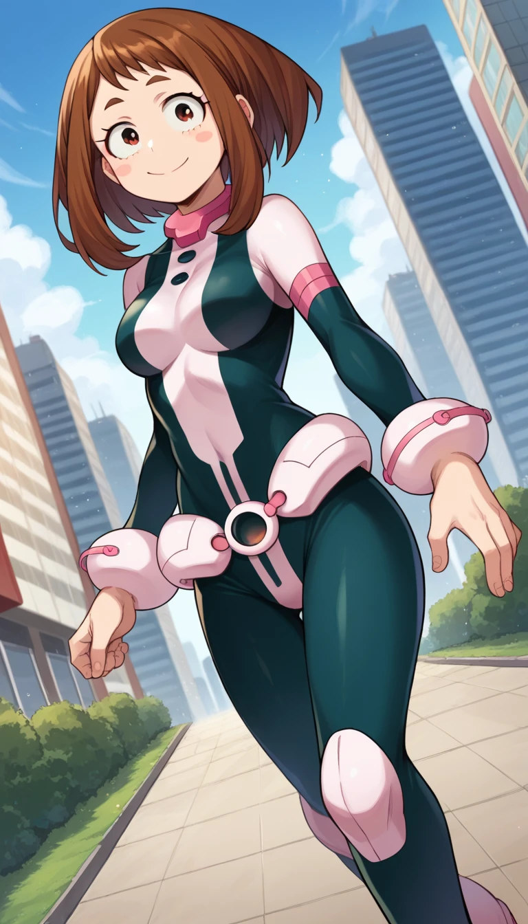 score_9, score_8_up, score_7_up, source_anime,
ochakouraraka, ochako uraraka, brown eyes, brown hair, short hair, blush, blush stickers, smile,
bodysuit, skin tight, superhero,
outdoors, cityscape,
looking at viewer, cowboy shot, dutch angle, full body, standing, idle