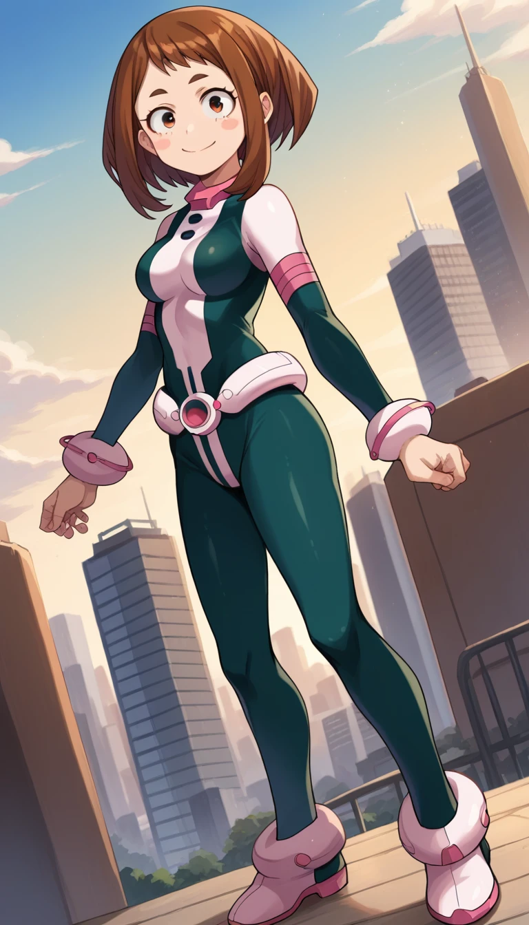 score_9, score_8_up, score_7_up, source_anime,
ochakouraraka, ochako uraraka, brown eyes, brown hair, short hair, blush, blush stickers, smile,
bodysuit, skin tight, superhero,
outdoors, cityscape,
looking at viewer, cowboy shot, dutch angle, full body, standing, idle