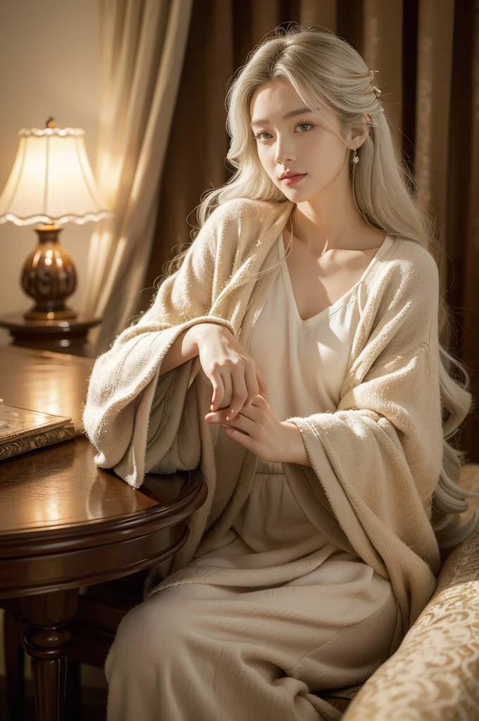 (((best quality))), (((ultra detailed))), (((masterpiece))), illustration,(((a and a beautiful woman))),pajama, bedroom, cozy furniture, soft warm colors, parted curtains, moonlight, white hair, wise appearance, glasses, gentle smile, warm eyes, long flowing hair, delicately shaped face, soft features, bright eyes, peaceful atmosphere, deep connection, bond, family, mentor, beloved relative, body language, comfort, familiarity, late hour, contentment, peace, sharing secrets, stories, enjoying company, stillness of the night, beautiful moment, timeless, importance of embracing loved ones, treasuring time.