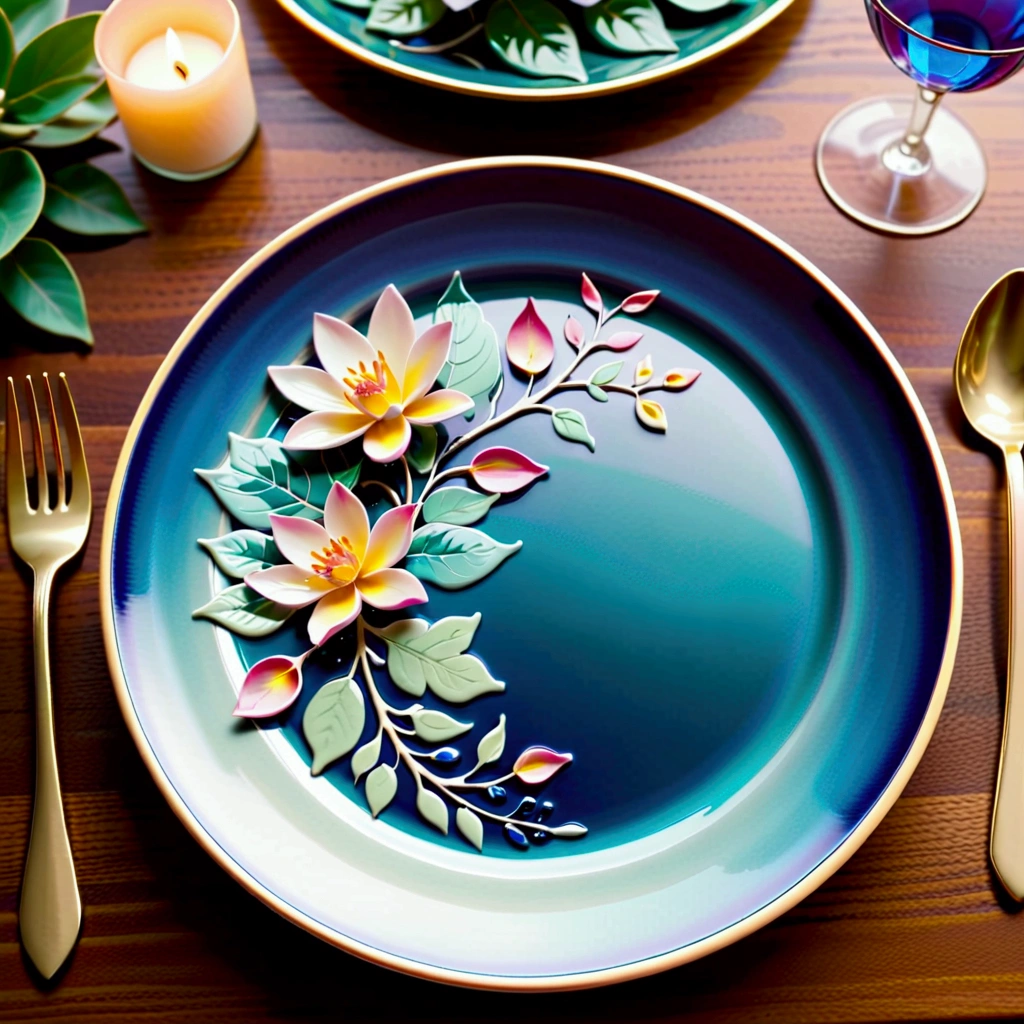  A beautifully detailed ceramic dinner plate，Smooth gloss glaze，Natural pattern, Blue Sea,Delicate leaves, Colorful petals , Warm Lights，Ethereal atmosphere，Ray Tracing, Super detailed，