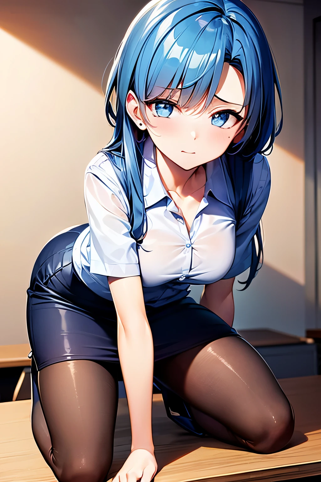 Highest quality, (masterpiece:1.2), Very detailed, 
One girl, alone,
View your viewers, Embarrassed expression, Medium chest, 
Light blue eyes, Blue Hair, Eyes without light、Medium-long hair、Permed hair、((pantyhose))、Bedroom、((office worker))、((Pencil Skirt))、(mini skirt)、((High heels))、(Kneeling)