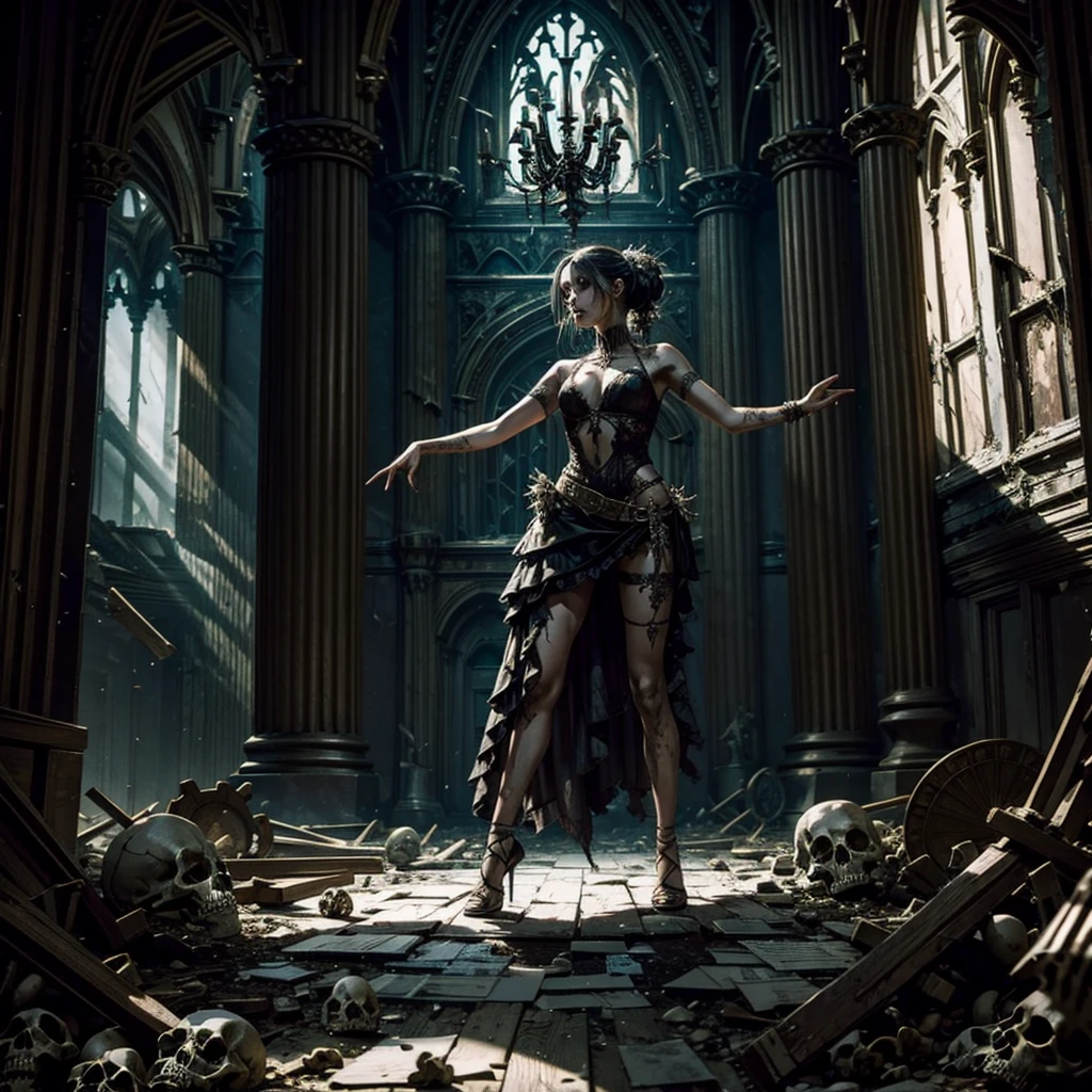 An undead dancer dancing inside a dilapidated gothic room amidst a pile of bones