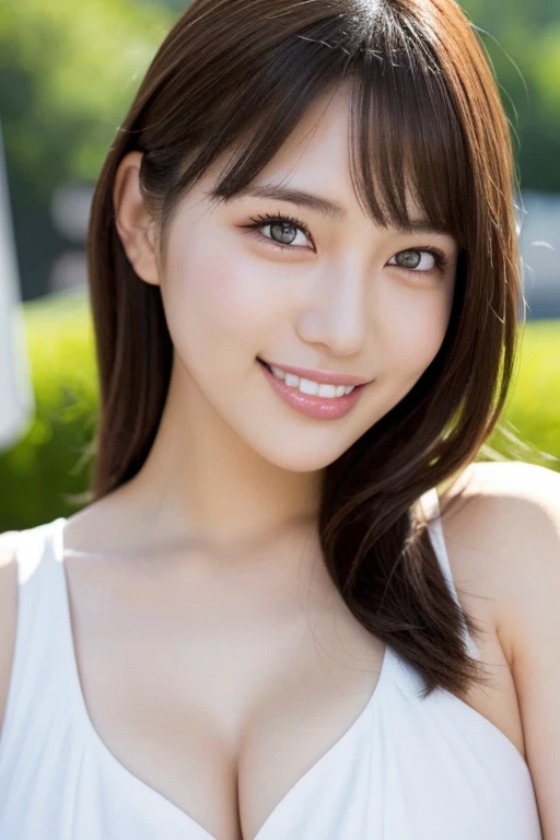 masutepiece, Best Quality, Illustration, Ultra-detailed, finely detail, hight resolution, 8K Wallpaper, Perfect dynamic composition, Beautiful detailed eyes,droppy eyes, Women's naked Fashion Summer.bare shoulders,Medium Hair,medium breasts,cleavage ,natural color lip, Bold sexy poses,toothy Smile,Harajuku、20 years girl、Cute、Sexy shot looking at camera