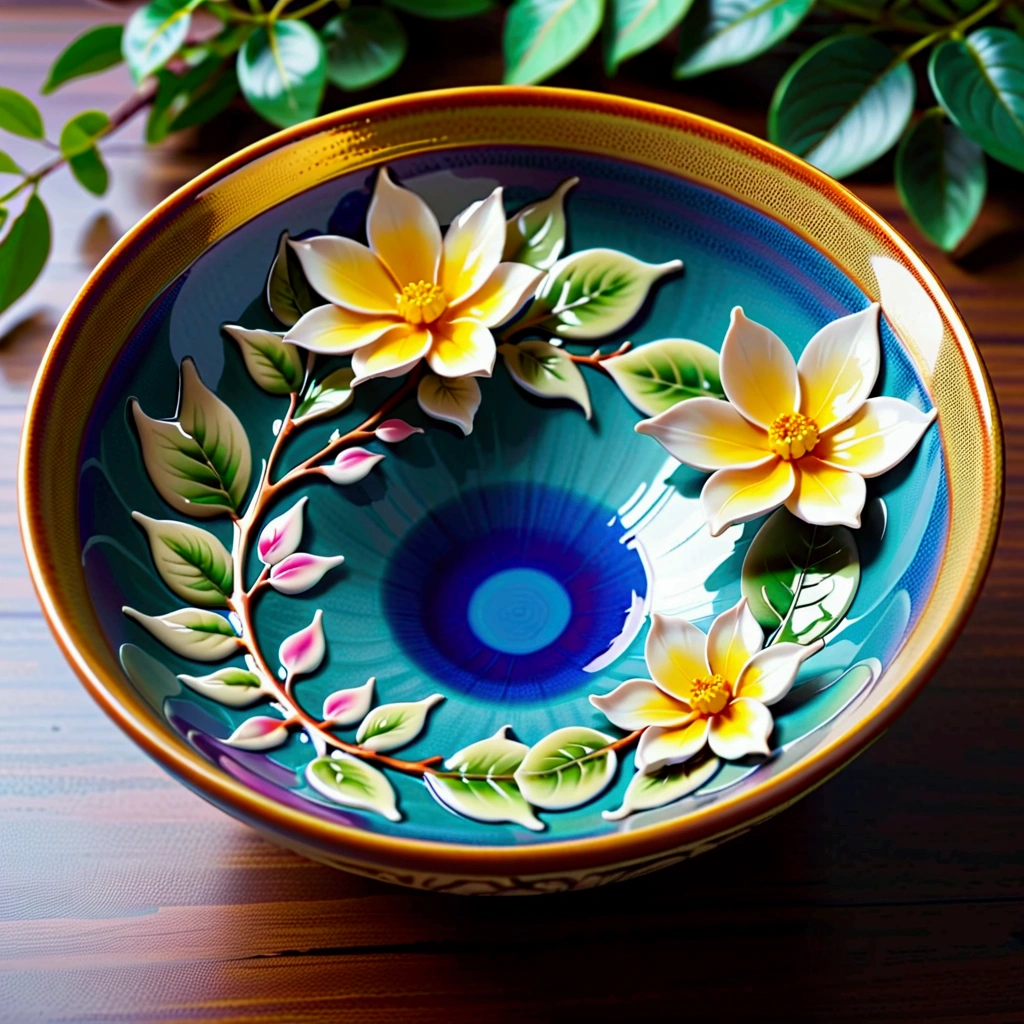 A beautifully detailed ceramic bowl,Smooth gloss glaze,Natural pattern, Blue Sea,Delicate leaves, Colorful petals , Warm Lights,Ethereal atmosphere,Ray Tracing, Super detailed,