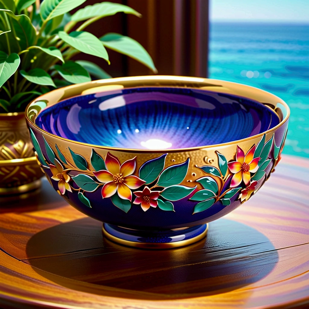 A beautifully detailed ceramic bowl,Smooth gloss glaze,Natural pattern, Blue Sea,Delicate leaves, Colorful petals , Warm Lights,Ethereal atmosphere,Ray Tracing, Super detailed,