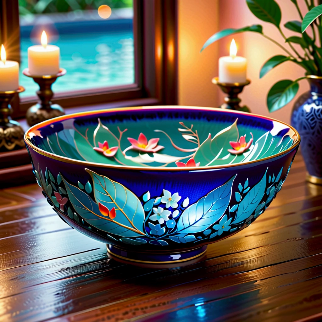 A beautifully detailed ceramic bowl,Smooth gloss glaze,Natural pattern, Blue Sea,Delicate leaves, Colorful petals , Warm Lights,Ethereal atmosphere,Ray Tracing, Super detailed,