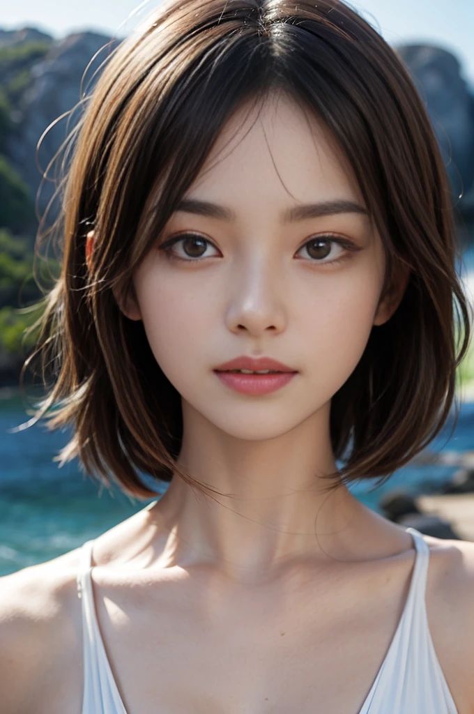 ((Highest quality)),((8K、32k)),(Genuine)、(detailed)、((Beach))、((Bust up shot))、((face closeup))、(White skin)、(Big Breasts)、The best balance between face and shoulder width、Micro Bikini、Shiny Hair、Short Bob、Glowing Skin、Japanese、beauty、Looking into the camera、Thick lips、kawaii、Hehehe:1.2、Shot with a film camera、RAW shooting、#24、Genuine、フォトGenuine:1.4、Photon Mapping、Physically Based Rendering、Perfect Anatomy、detailedなデコルテ、detailedな目、detailedな二重、detailedな咬筋、detailedな鎖骨、Perfect Fingers、Finger Description、(品質 8K)、((White skin))、Avoid mascara、Hair with movement、detailedな毛穴、Natural light、detailedな描写、Blushing、Fine pores、Perfect cleavage、masterpiece、Blushing、detailedな腹筋、sexy、detailedな脇の下、(slender)、(Upper Body)、detailedな目元、1 person、