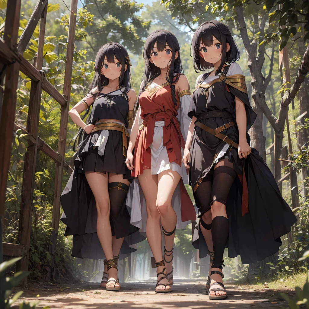 a group of beautiful witch girls in the middle of a forest in the night, tribal tattoo ,multiple girls, five girls, red and black hair , standing girl young girl, gloves, elbow pads, boots, smiles, witch hat , small breasts, long black dress, necklaces, jewelry decorations , black red hair , red hair , black hair , blonde hair, blue eyes, full body,
