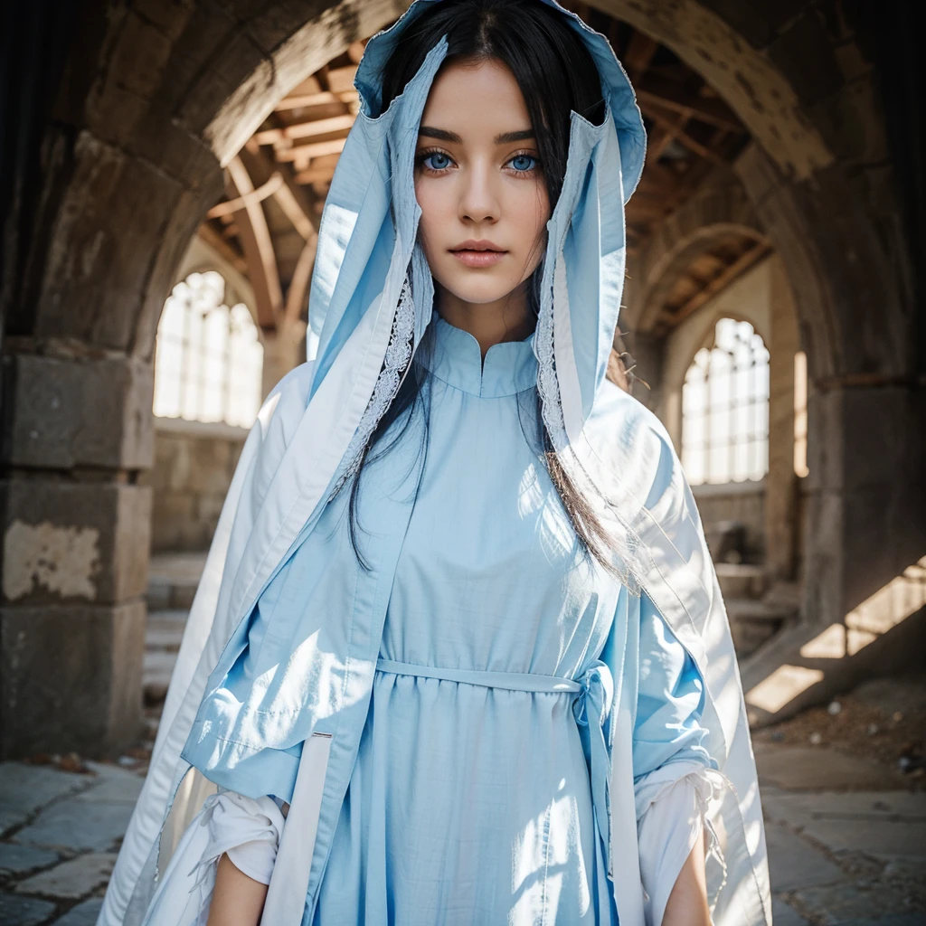 Beautiful woman with light blue eyes wearing blue tunic and white cloak, She has long black hair