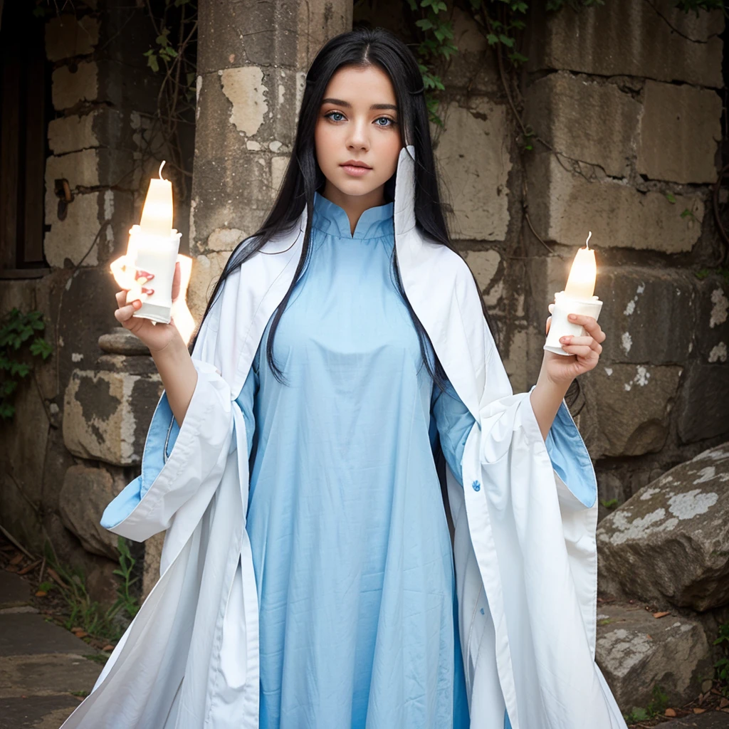Beautiful woman with light blue eyes wearing blue tunic and white cloak, She has long black hair