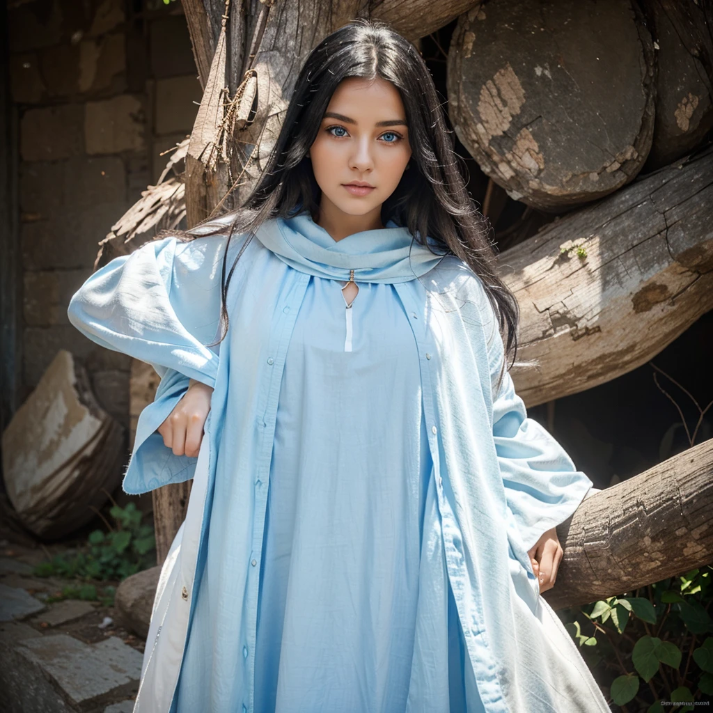 Beautiful woman with light blue eyes wearing blue tunic and white cloak, She has long black hair