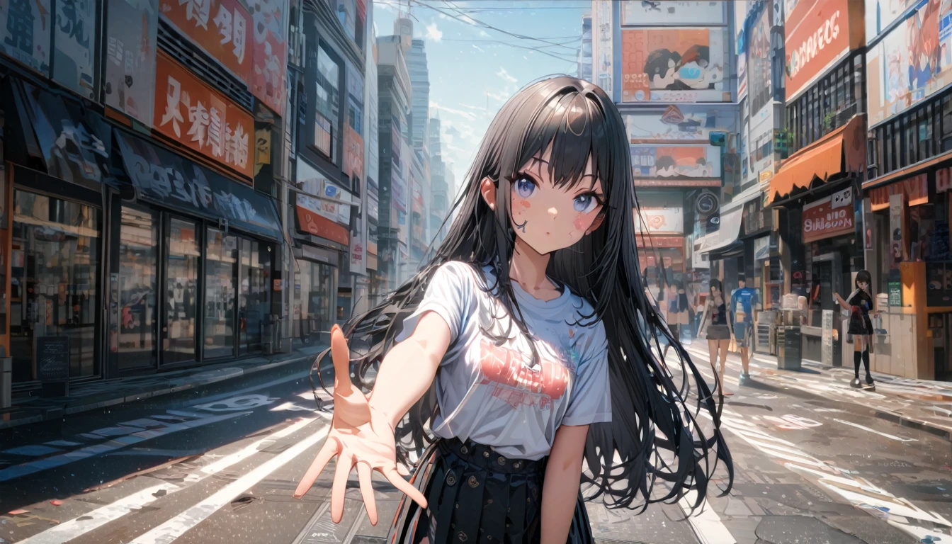 One girl, Black and long straight hair, Sharp Hair, ((Extending his right hand to the viewer)), Facial Contour, Recall, skirt,T-Shirts,skirt, In the city, On the sidewalk, noon, bright, High resolution, Very delicate, Super detailed, 8K