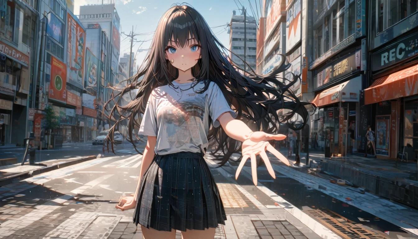 One girl, Black and long straight hair, Sharp Hair, ((Extending his right hand to the viewer)), Facial Contour, Recall, skirt,T-Shirts,skirt, In the city, On the sidewalk, noon, bright, High resolution, Very delicate, Super detailed, 8K