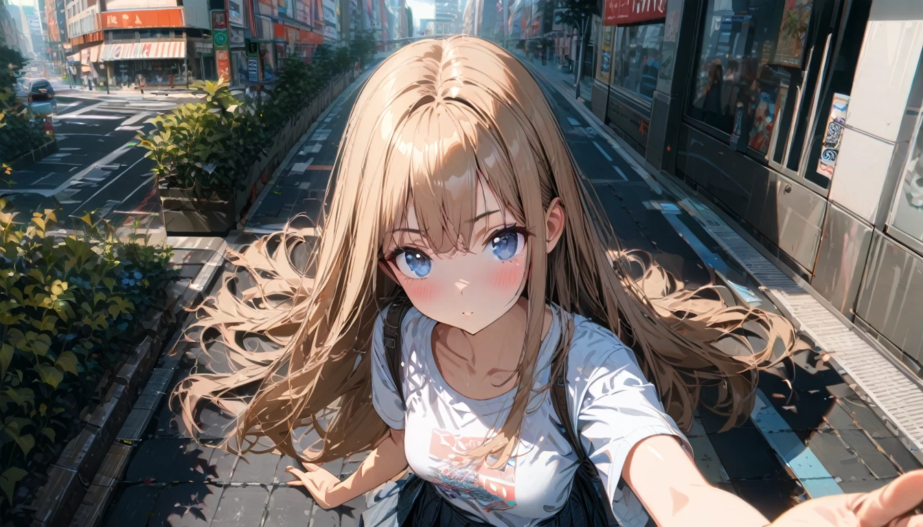 One girl, Black and long straight hair, Sharp Hair, ((Extending his right hand to the viewer)), Facial Contour, Recall, skirt,T-Shirts,skirt, In the city, On the sidewalk, noon, bright, High resolution, Very delicate, Super detailed, 8K