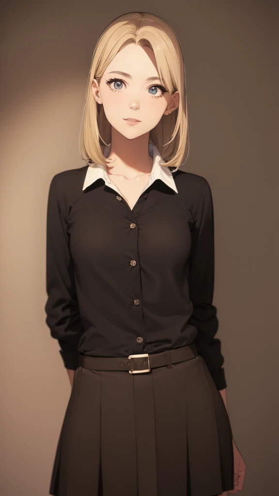 Highest quality, Ultra-high resolution, (Realistic:1.4), One girl, Button-down shirt, Black Skirt, School, Dark brown hair, chest, (Blonde:1.2), View your viewers, (Highly detailed face:1.1),, (Purelos Face_v1:0.8),Tick tock,