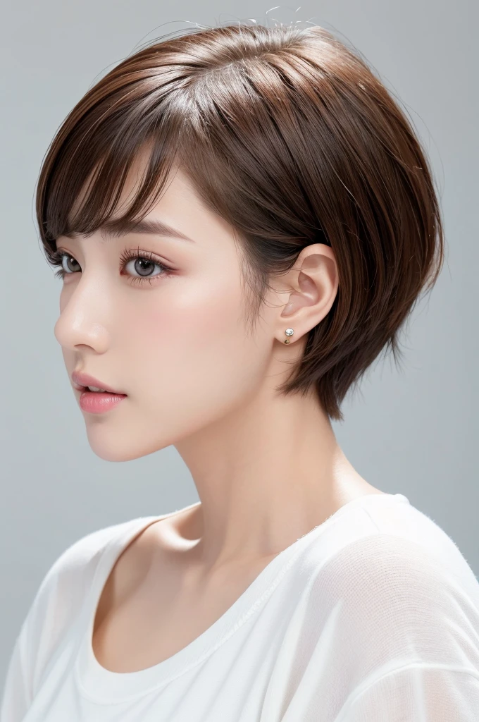 (Highest quality、Tabletop、8K、Best image quality、Award-winning works)、((profile:1.4))、ear、((short hair:1.46)),(Brown Hair)、(White casual clothes:1.2)、(The simplest pure white background:1.3)、(Perfectly fixed in front:1.1),(Portrait with Space:1.2)、Beautiful and exquisite、Perfect Makeup、Ultra-high definition beauty face、Ultra HD Hair、Ultra HD Shining Eyes、Super high quality glossy lip、Accurate anatomy、Very beautiful skin、(Pure white skin shining in ultra-high resolution:1.1)、(Very bright:1.2),Big Natural Color Lip、Lip gloss,Harajuku、cute、cute美人