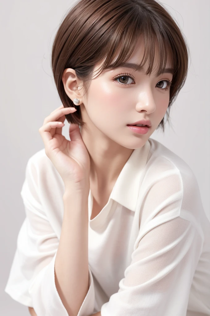 (Highest quality、Tabletop、8K、Best image quality、Award-winning works)、((profile:1.4))、ear、((short hair:1.46)),(Brown Hair)、(White casual clothes:1.2)、(The simplest pure white background:1.3)、(Perfectly fixed in front:1.1),(Portrait with Space:1.2)、Beautiful and exquisite、Perfect Makeup、Ultra-high definition beauty face、Ultra HD Hair、Ultra HD Shining Eyes、Super high quality glossy lip、Accurate anatomy、Very beautiful skin、(Pure white skin shining in ultra-high resolution:1.1)、(Very bright:1.2),Big Natural Color Lip、Lip gloss,Harajuku、cute、cute美人