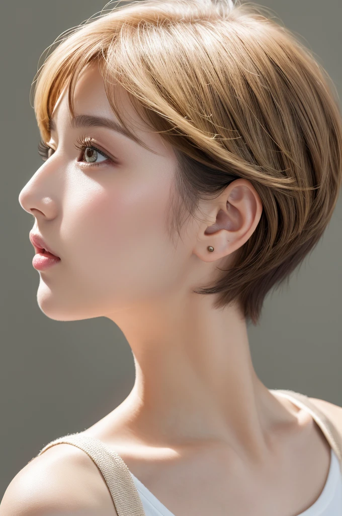 (Highest quality、Tabletop、8K、Best image quality、Award-winning works)、((profile:1.4))、ear、((short hair:1.46)),(Brown Hair)、(White casual clothes:1.2)、(The simplest pure white background:1.3)、(Perfectly fixed in front:1.1),(Portrait with Space:1.2)、Beautiful and exquisite、Perfect Makeup、Ultra-high definition beauty face、Ultra HD Hair、Ultra HD Shining Eyes、Super high quality glossy lip、Accurate anatomy、Very beautiful skin、(Pure white skin shining in ultra-high resolution:1.1)、(Very bright:1.2),Big Natural Color Lip、Lip gloss,Harajuku、cute、cute美人