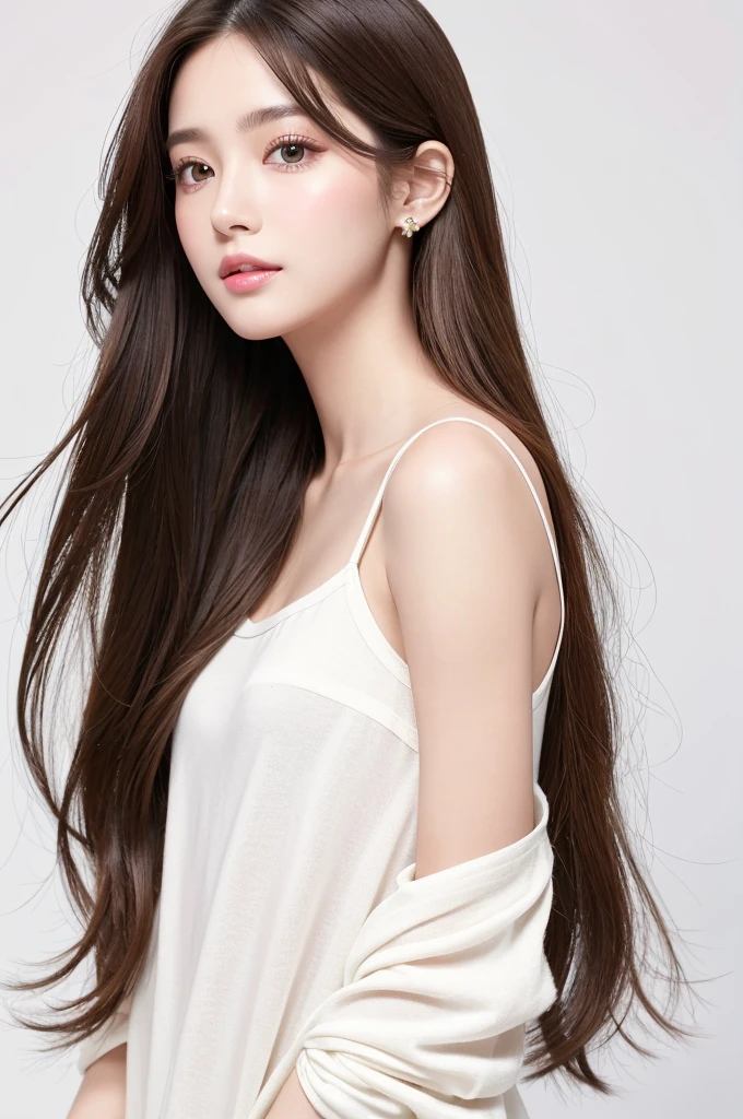 (Highest quality、Tabletop、8K、Best image quality、Award-winning works)、((profile:1.4))、ear、((Long Hair:1.46)),(Brown Hair)、(White casual clothes:1.2)、(The simplest pure white background:1.3)、(Perfectly fixed in front:1.1),(Portrait with Space:1.2)、Beautiful and exquisite、Perfect Makeup、Ultra-high definition beauty face、Ultra HD Hair、Ultra HD Shining Eyes、Super high quality glossy lip、Accurate anatomy、Very beautiful skin、(Pure white skin shining in ultra-high resolution:1.1)、(Very bright:1.2),Big Natural Color Lip、Lip gloss,Harajuku、cute、cute美人