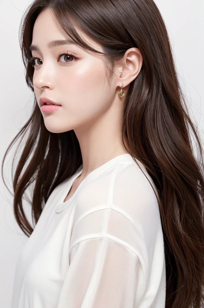 (Highest quality、Tabletop、8K、Best image quality、Award-winning works)、((profile:1.4))、ear、((Long Hair:1.46)),(Brown Hair)、(White casual clothes:1.2)、(The simplest pure white background:1.3)、(Perfectly fixed in front:1.1),(Portrait with Space:1.2)、Beautiful and exquisite、Perfect Makeup、Ultra-high definition beauty face、Ultra HD Hair、Ultra HD Shining Eyes、Super high quality glossy lip、Accurate anatomy、Very beautiful skin、(Pure white skin shining in ultra-high resolution:1.1)、(Very bright:1.2),Big Natural Color Lip、Lip gloss,Harajuku、cute、cute美人
