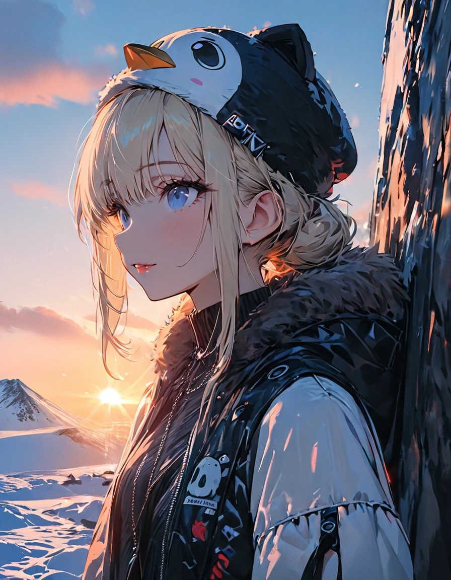 (((female))), (((best quality))), (((masterpiece))), exceptionally beautiful woman, 25 year old female with perfect figure, Paris Fashion Week model, blonde, blue eyes, 4k, 8k, best quality, portrait, full body shot, wide angle, wearing penguin hat, location is Antarctica