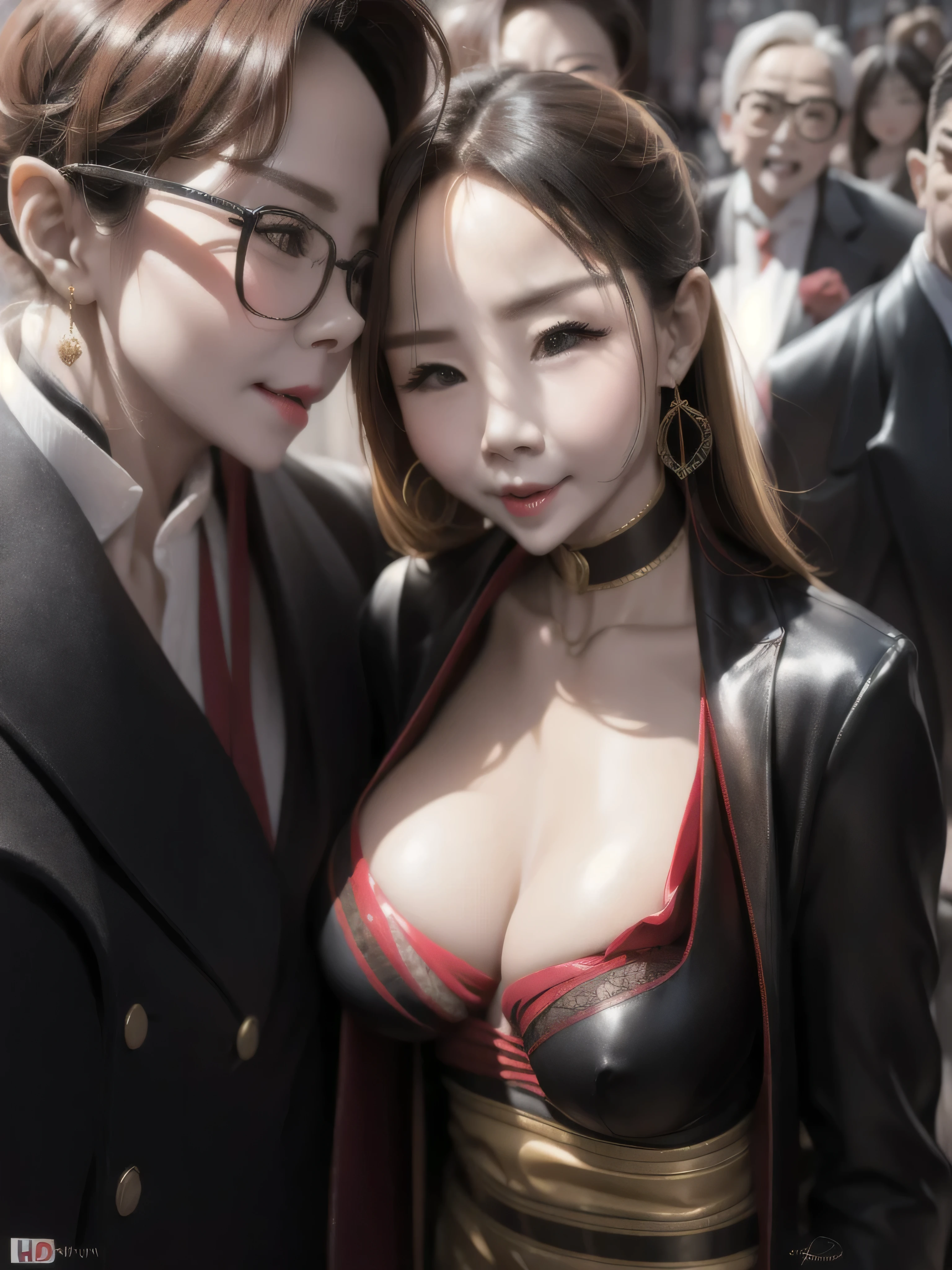 In a crowded street，a beautiful woman wearing sexy suit and an old man are making out on road side, UHD, masterpiece, textured skin, super detail, best quality, 8k