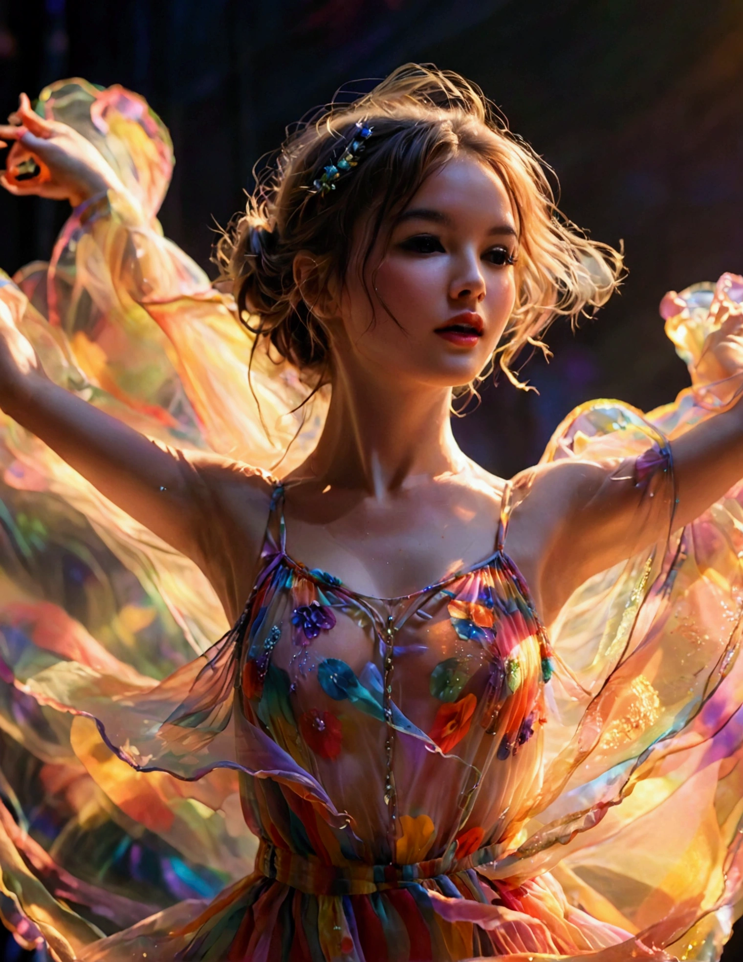 A cute woman is dancing in an airy, sheer, colorful, very mobile dress on a well lit stage. Lots of spinning. No underwear. On a well lit stage