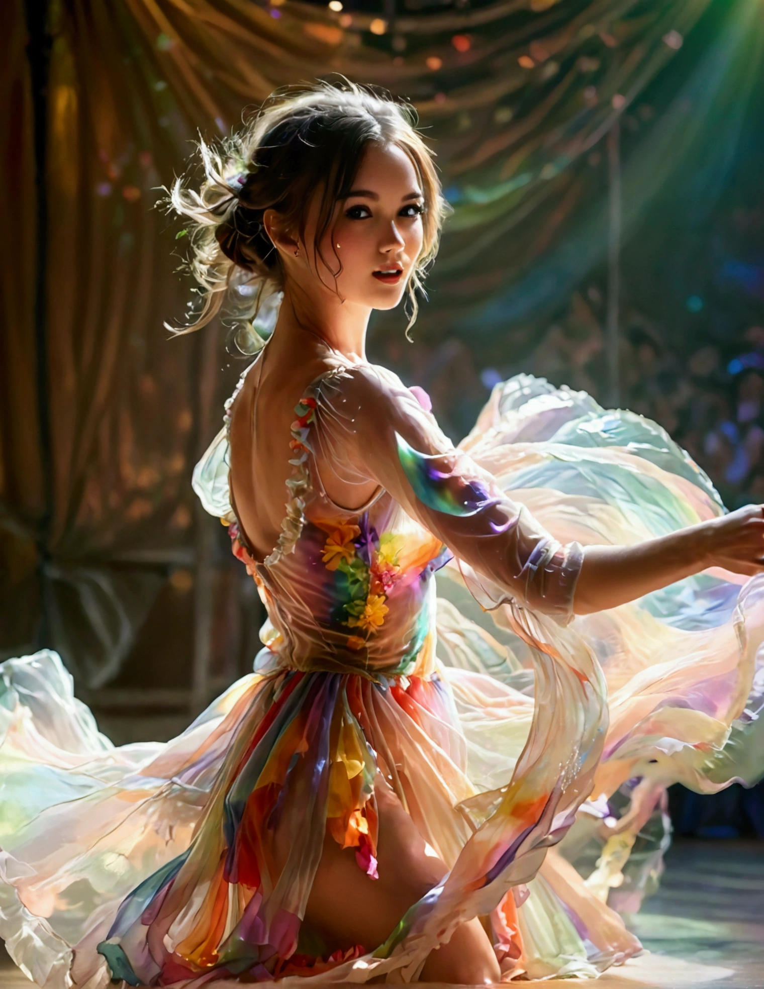 A cute woman is dancing in an airy, sheer, colorful, very mobile dress on a well lit stage. Lots of spinning. No underwear. On a well lit stage
