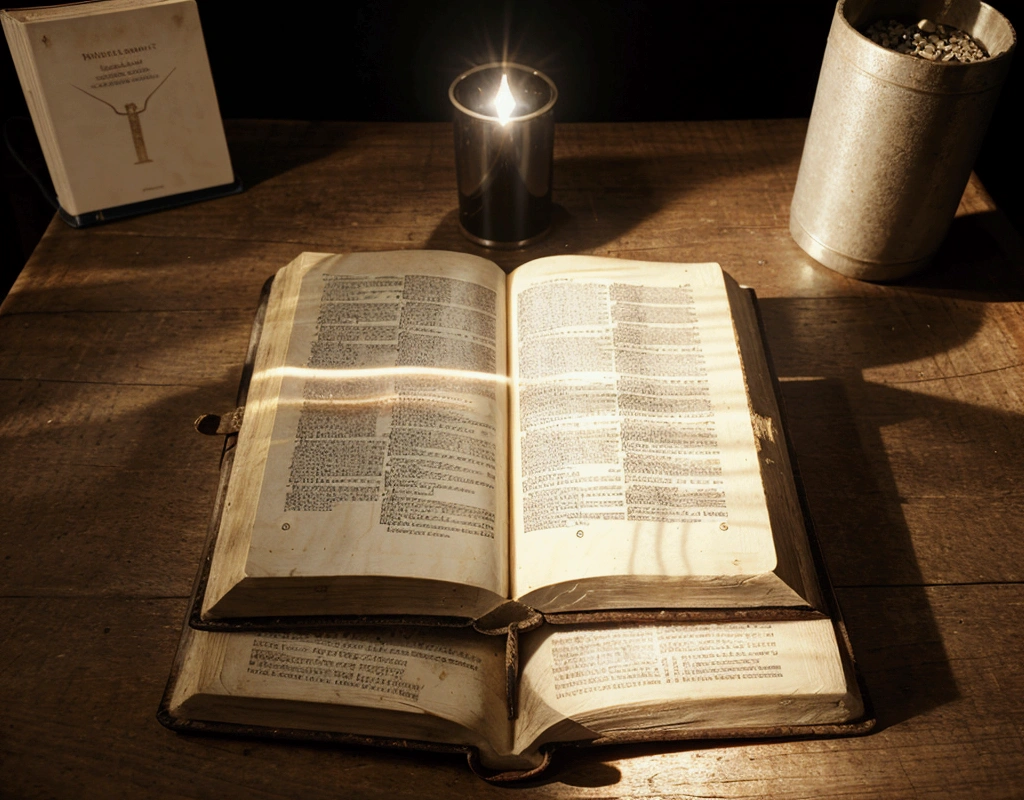 an open Bible on a table, with a light shining in it