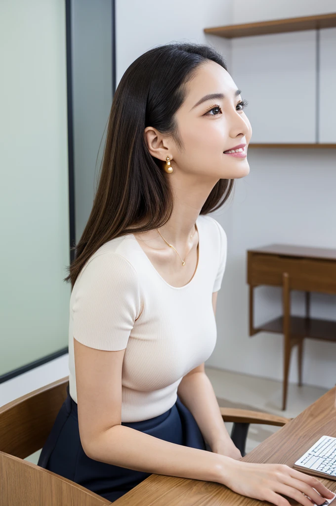 company office,executive secretary,okinawa,((full body)),((photo)),((best qualtiy, 8K, tmasterpiece:1.3)), Focus:1.2, perfect figure beautiful girl:1.4,1girl,cowboy shot,look at viewer, eyes facing the camera,incredibly absurd, beautiful and cute girl with a photorealistic face, showcasing top-quality craftsmanship, Japanese woman working in an office, 22 years old, hairstyle is black bob hair, inward curling hair reaching the jaw line, thin and soft hair, wide forehead with beautiful hairline, thin eyebrows, large almond-shaped eyes, light brown eyes, long eyelashes, double eyelids, straight nose, small lips, smile with upturned corners, fair and translucent skin, plump cheeks, cute impression, glamorous, tall, well-balanced proportions, large E-cup breasts, beige V-neck knit, white tight skirt, heeled pumps, pearl necklace and earrings, small bag, gold watch, beautiful, pretty older woman, neat, serious, hardworking, kind, considerate, highly trusted by those around her, April
