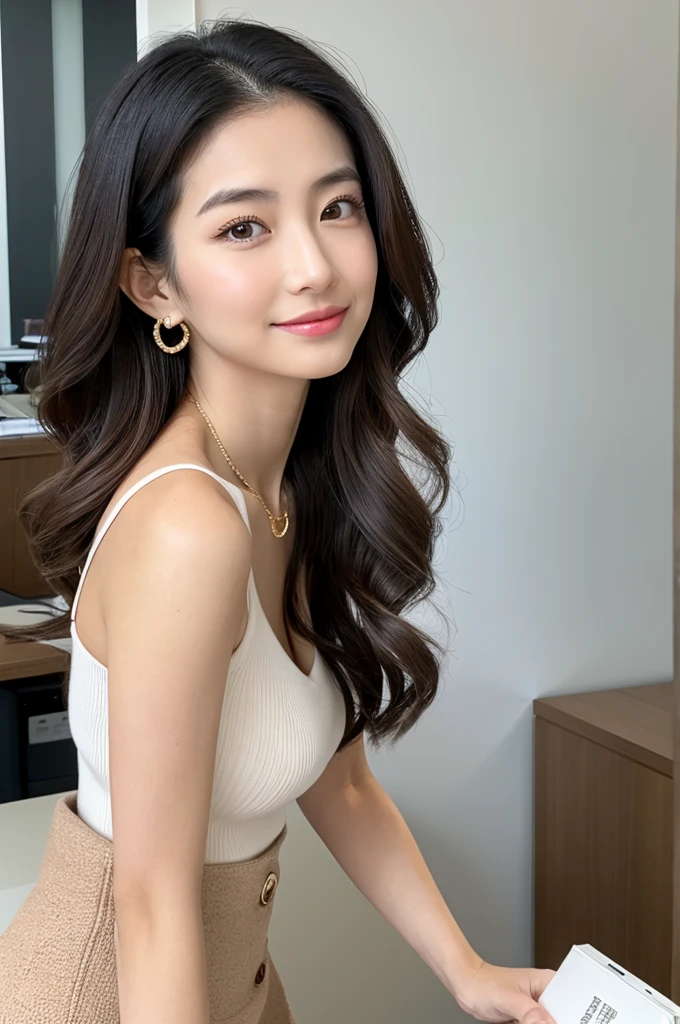 company office,executive secretary,okinawa,((full body)),((photo)),((best qualtiy, 8K, tmasterpiece:1.3)), Focus:1.2, perfect figure beautiful girl:1.4,1girl,cowboy shot,look at viewer, eyes facing the camera,incredibly absurd, beautiful and cute girl with a photorealistic face, showcasing top-quality craftsmanship, Japanese woman working in an office, 22 years old, hairstyle is black bob hair, inward curling hair reaching the jaw line, thin and soft hair, wide forehead with beautiful hairline, thin eyebrows, large almond-shaped eyes, light brown eyes, long eyelashes, double eyelids, straight nose, small lips, smile with upturned corners, fair and translucent skin, plump cheeks, cute impression, glamorous, tall, well-balanced proportions, large E-cup breasts, beige V-neck knit, white tight skirt, heeled pumps, pearl necklace and earrings, small bag, gold watch, beautiful, pretty older woman, neat, serious, hardworking, kind, considerate, highly trusted by those around her, April