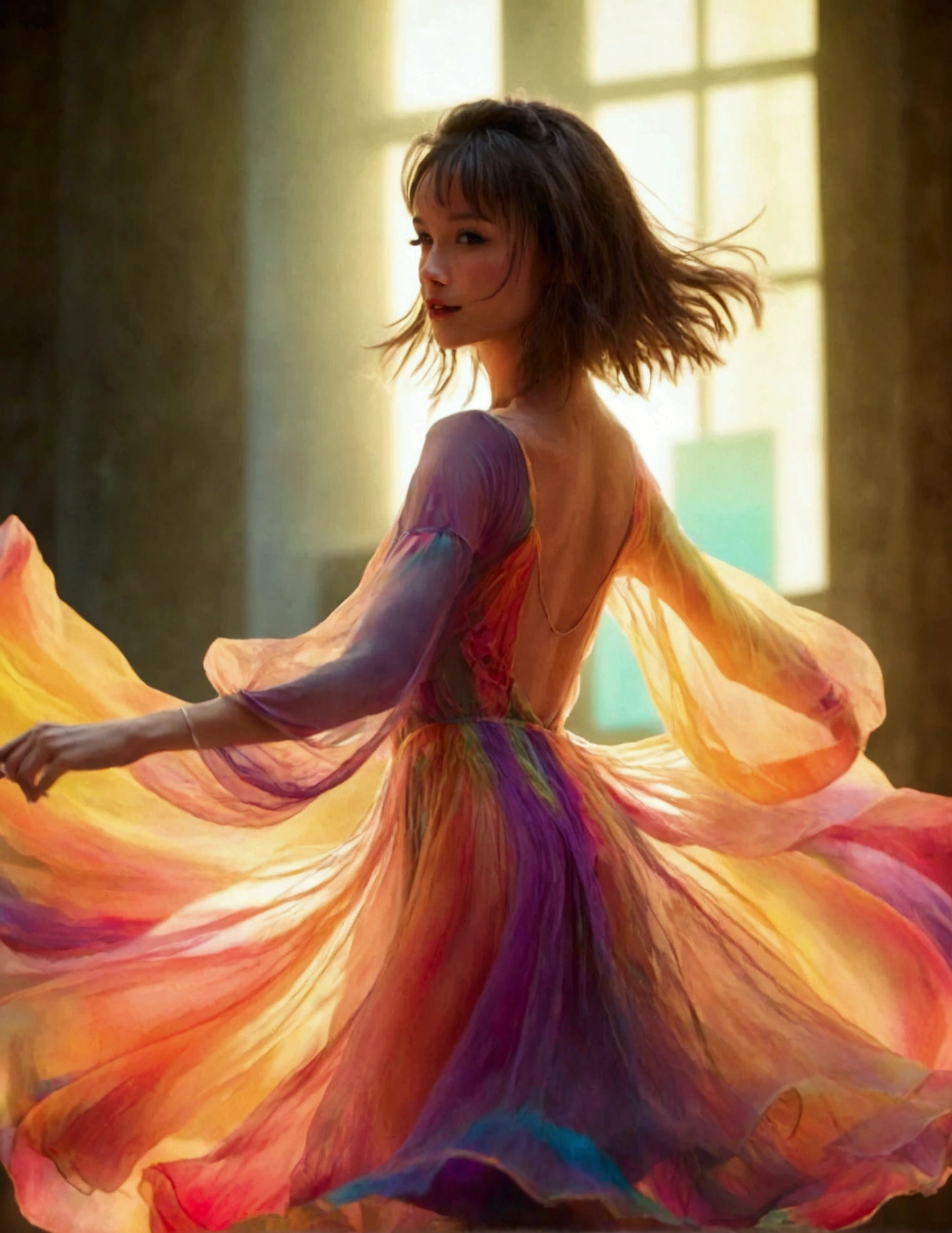 A cute woman is dancing in an airy, sheer, colorful, very mobile dress on a well lit stage. Lots of spinning. No underwear. On a well lit stage

