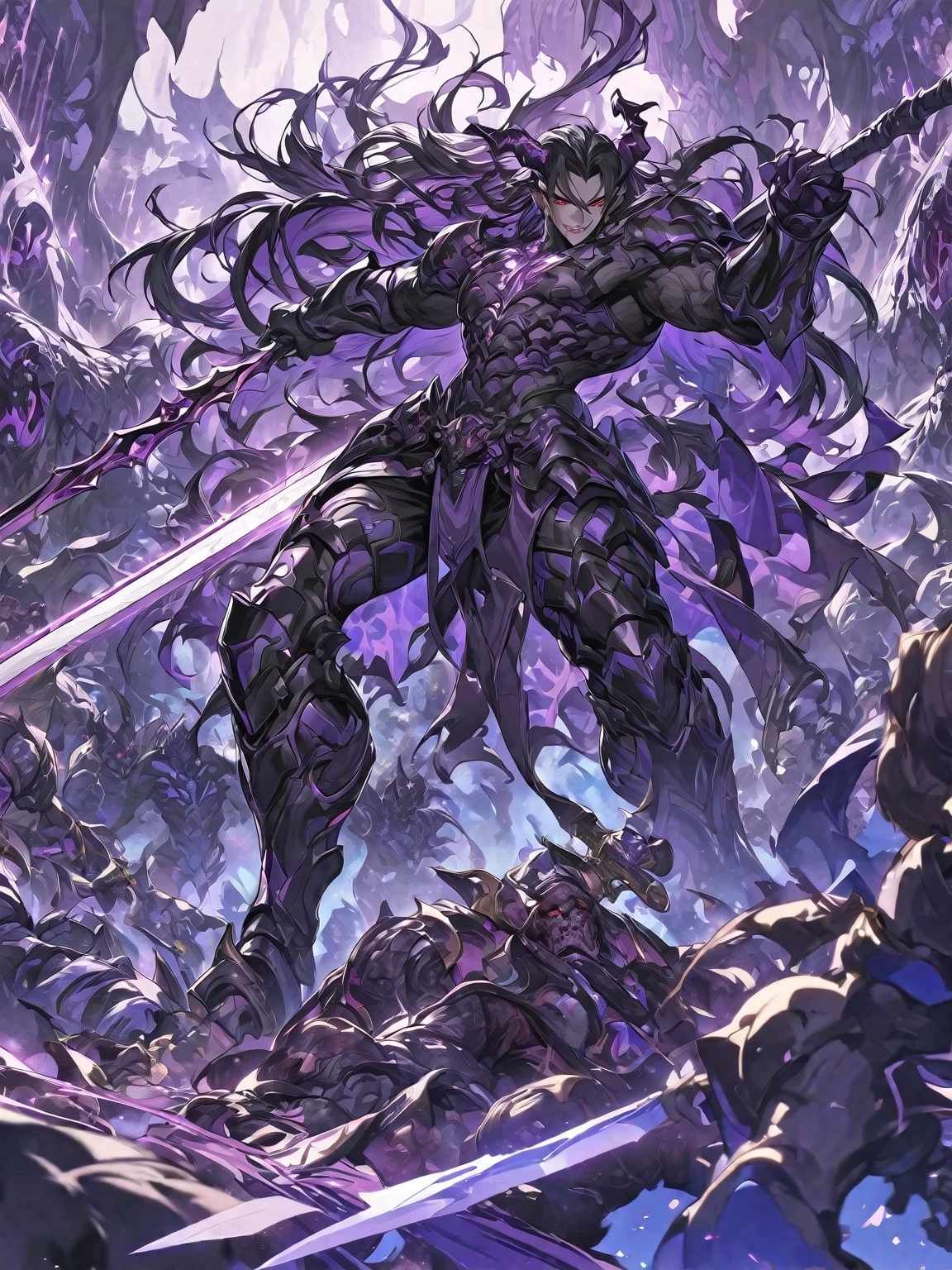 Best quality 8K resolution, Highly detailed, Digital Painting, Concept art, of the highest quality, One, beautiful, 1 man, adult man, with a sporty body, V-shaped body, he is in a fighting pose, He’s in dark complex large-child armor with sharp angular designs luminous purple accents emanating from the armor slots, black demonic horns, long hair, black hair, purple with red eye tones, a man has a huge and long sword in his hand, Against the background of 100 corpses