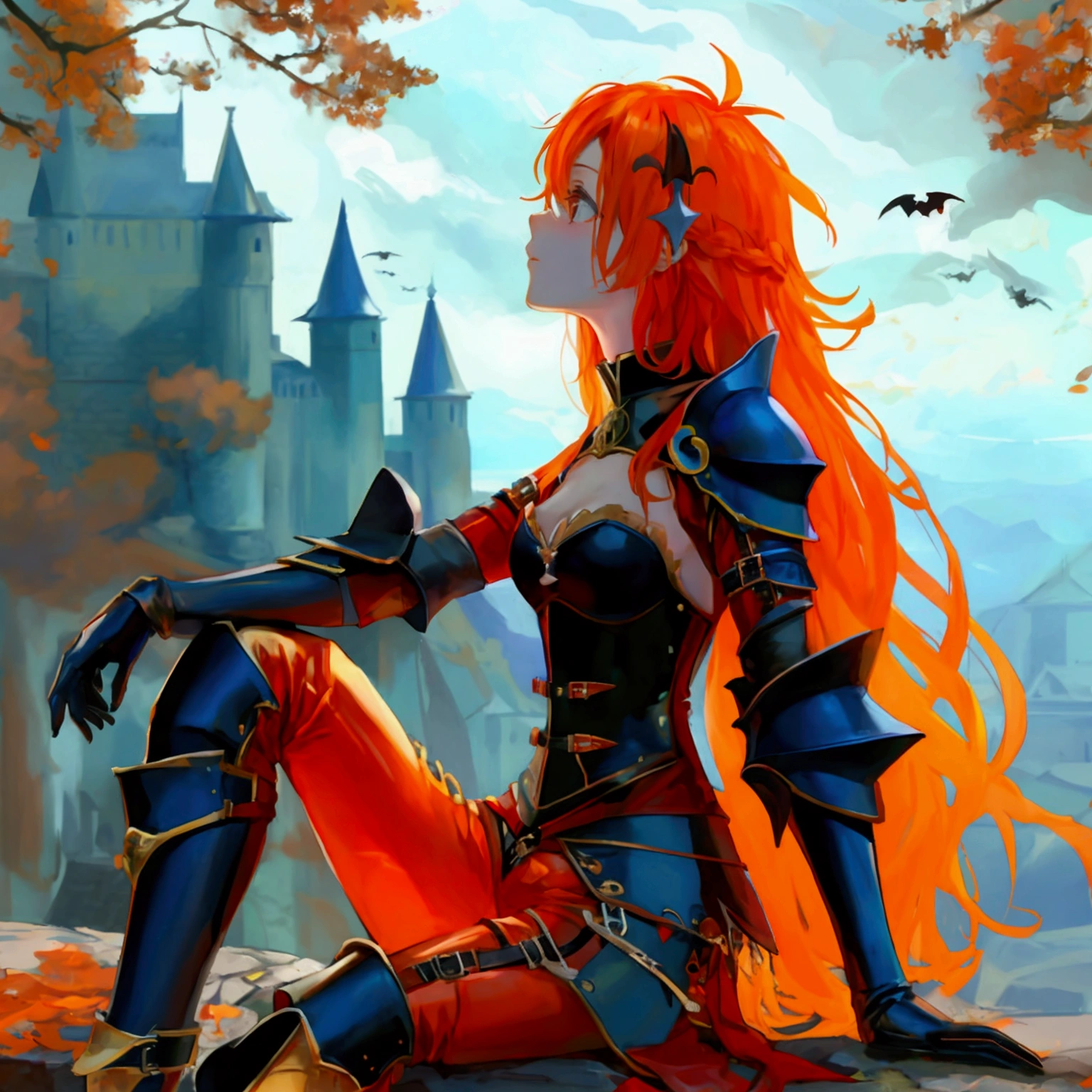 (best quality, masterpiece:1.1),   full body, sideview,  (facing up:1.2), looking up, (1female), benevolent face, orange hair, very long hair, wavy hair,        rogue, corset shirt, (red leather pants:1.1), (straps buckles:1.2), armor, ( Dreamlike Nightscape, Gothic Castle Under Full Moon, Dark Bara Tree, Bats Flying Above, Sitting On The Top Castle Wall, (fantasy, medieval, ancient)),