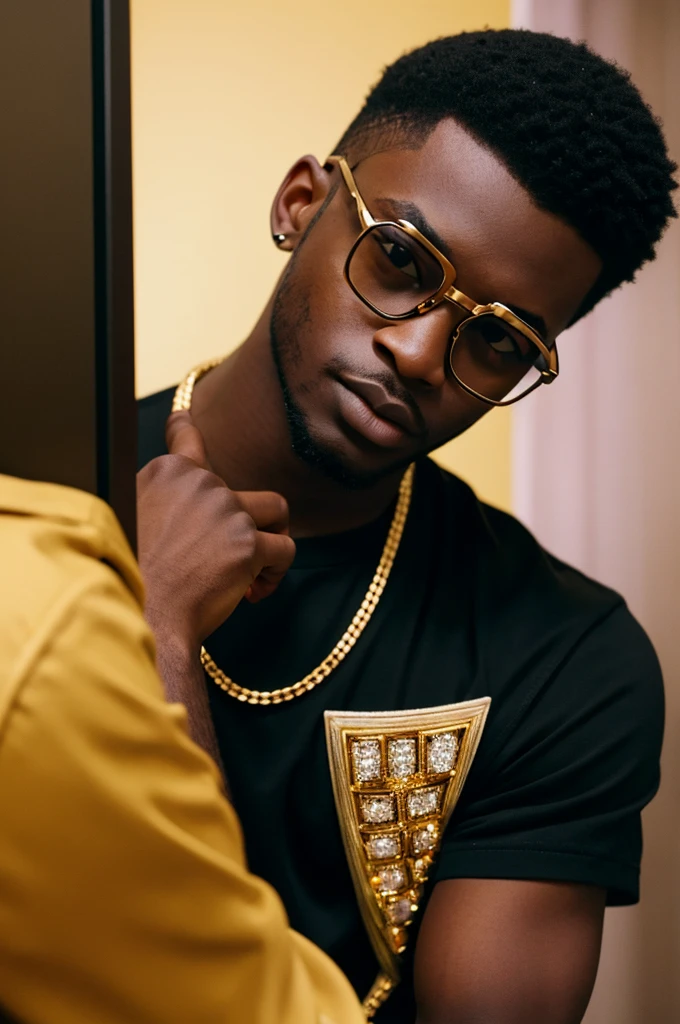 young black men wearing gucci with gold diamonds glasses , 4:3, photo 12k resolution hash flash lighting, shot on ALEXA 65, Velvia 100 , underexposed, Voigtlnder Nokton 50mm f1.1, in the style of Martin Nikon Z 8 with Zoom Lens | with 24-120mm