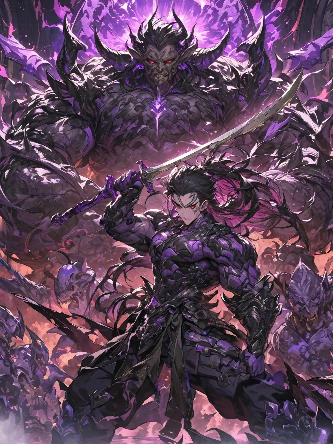 Best quality 8K resolution, Highly detailed, Digital Painting, Concept art, of the highest quality, One, beautiful, 1 man, adult man, with a sporty body, V-shaped body, he is in a fighting pose, He’s in dark complex large-child armor with sharp angular designs luminous purple accents emanating from the armor slots, black demonic horns, long hair, black hair, purple with red eye tones, a man has a huge and long sword in his hand, Against the background of 100 corpses