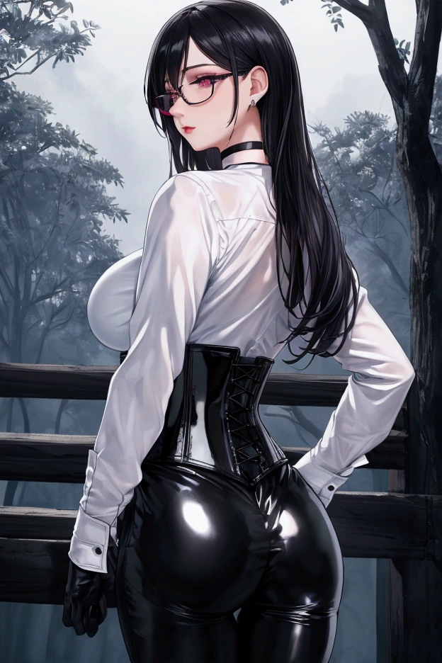 Masterpiece, Beautiful art, professional artist, 8k, art style by sciamano240, Very detailed face, Detailed clothing, detailed fabric, torso leaning forward, 1 girl, torso leaning completely forward, showing the ass, perfect ass, perfectly drawn body, beautiful face, long black hair, Blue eyes, very detailed eyes, pink cheeks, shy expression, choker:1.6, (white long sleeve button down shirt with white collar), black gloves, gloves that cover hands, (black leather corset), (shiny black leggings), Black leather boots, Sensual Lips , evening de invierno, show details in the eyes, Dark road, dark forest, evening, Atmosphere, fog