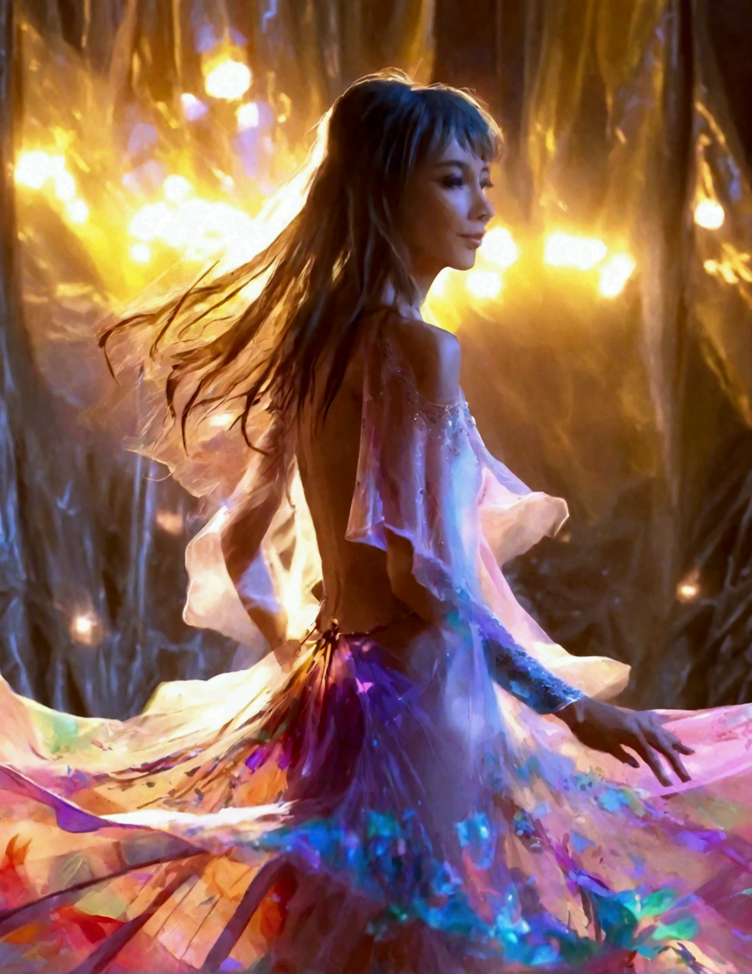A cute woman is dancing in an airy, sheer, colorful, very mobile dress on a well lit stage. Lots of spinning. No underwear. On a well lit stage