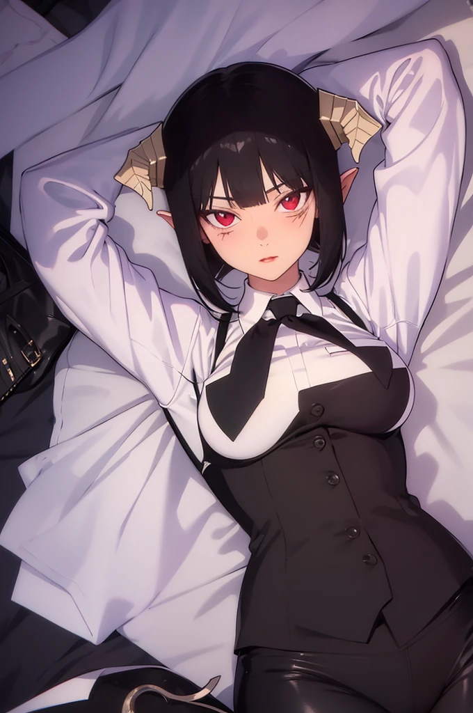 work of art, best qualityer, high resolution, 1girl horns short hair demon tail, white shirt black ascot black gloves black pants black vest lying on your back, sheet, arms up,blushed,face red,Hands behind the head,ssmile