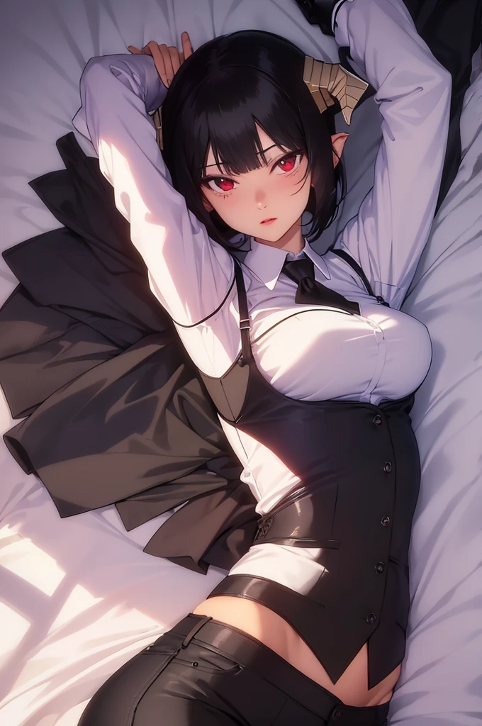 work of art, best qualityer, high resolution, 1girl horns short hair demon tail, white shirt black ascot black gloves black pants black vest lying on your back, sheet, arms up,blushed,face red,Hands behind the head,ssmile
