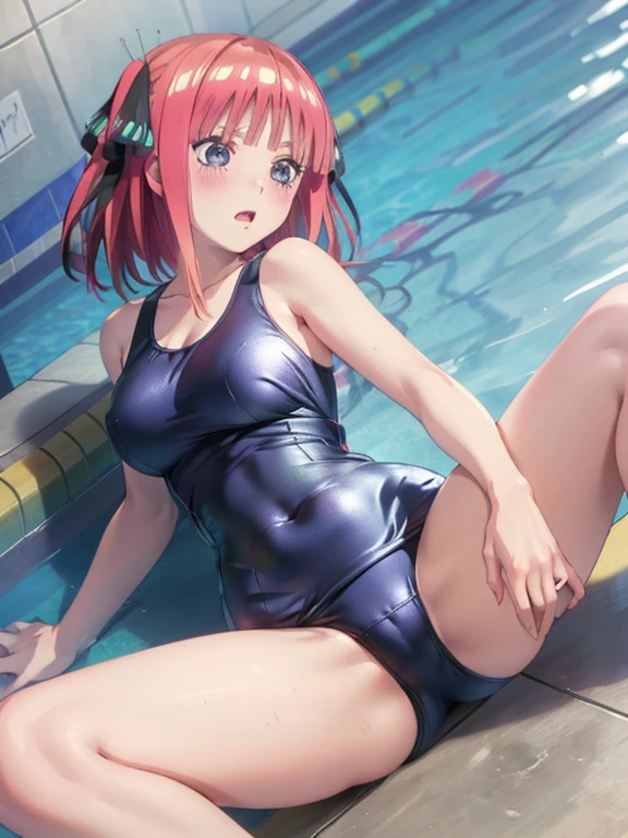 best quality, insanely detailed, nino nakano, one piece swimsuit, breasts, blush, Spread legs, swimming pool, back style,one-piece swimsuit