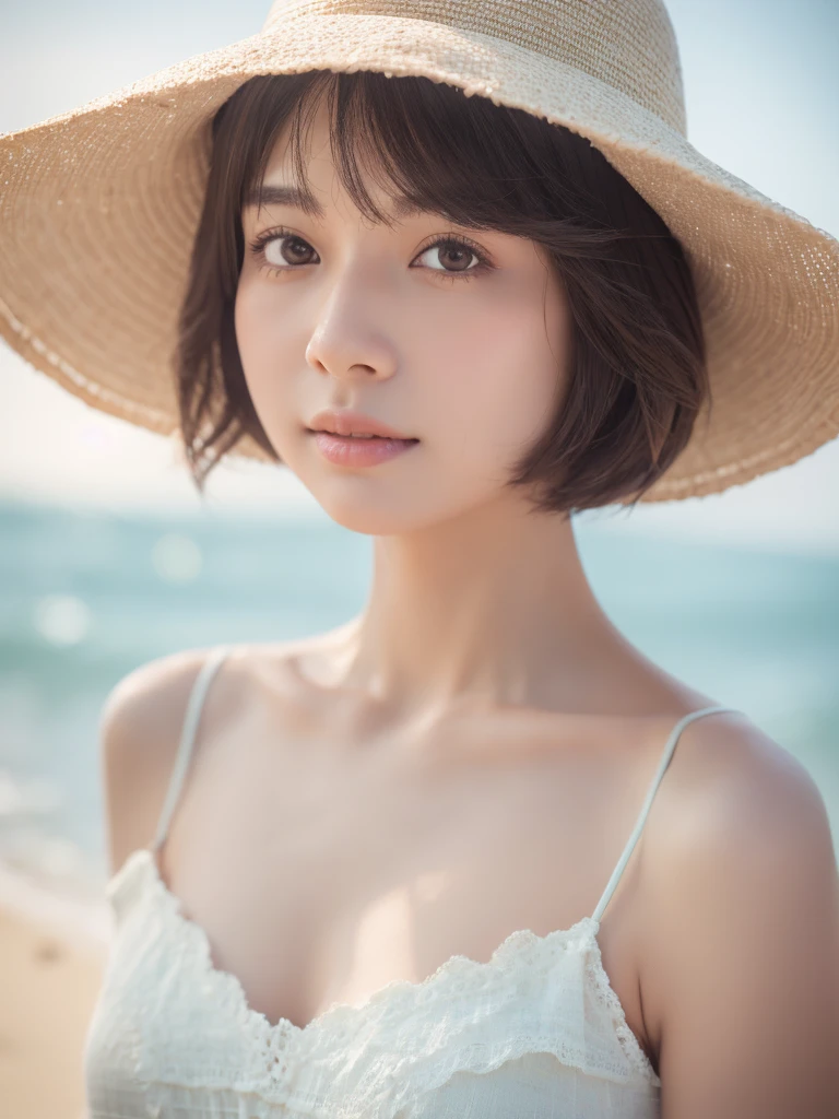 front view, 1 girl, on beach, long dress and hat, captivating and graceful, (realistic detailed eyes, natural skin texture, innocent expresion), intricate details, soft and dreamy lighting, pastel color palette, shallow depth of field, highly detailed, hyper-realistic, medium-format film camera, blurred background., bob cut、bob hair、short hair, japanese, cleavage 