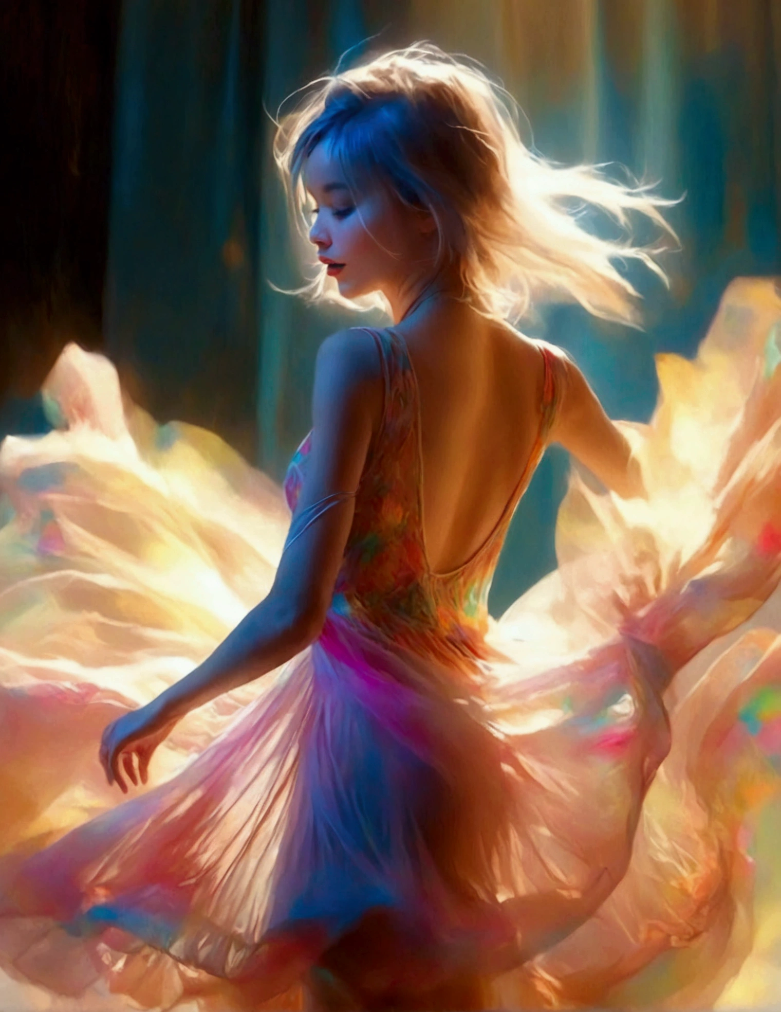 A cute woman is dancing in an airy, sheer, colorful, very mobile dress on a well lit stage. Lots of spinning. No underwear. On a well lit stage
