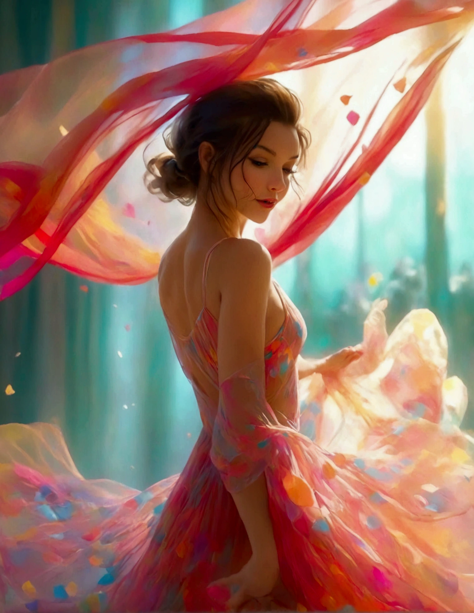 A cute woman is dancing in an airy, sheer, colorful, very mobile dress on a well lit stage. Lots of spinning. No underwear. On a well lit stage
